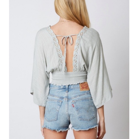 Crochet lace smocked top - SAGE - Picture 3 of 7